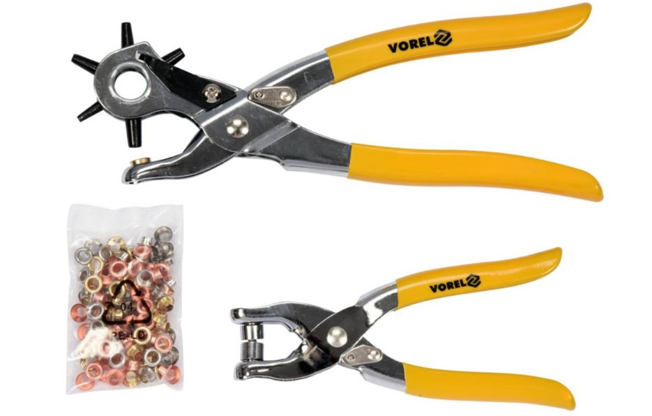 Просікач отворів револьверний, щипці для люверсів, набір, люверси 5мм 100шт Vorel 43603