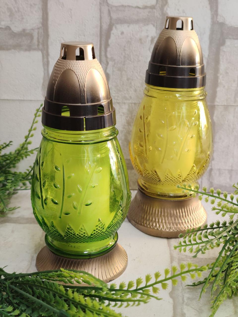 Лампада скляна кольорова з вербовими котиками, всередині свічка , h 20 см, фото 1