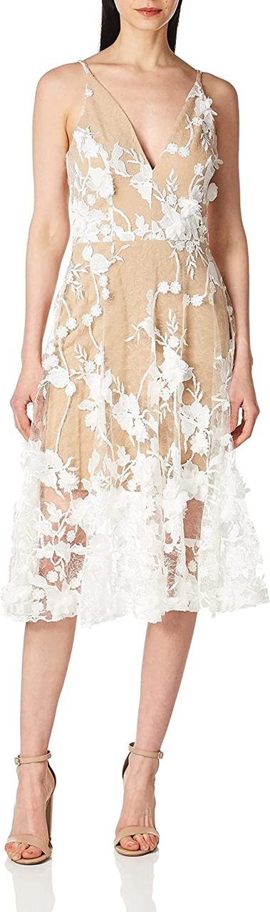 Medium Off White/Nude Dress the Population. Жіноча сукня Audrey на бретельках A-line 3D з квітками