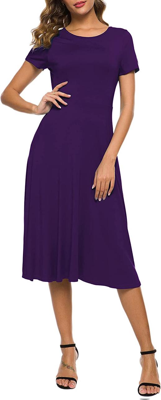 Purple Large Жіночі літні повсякденні сукні-футболки з квітковим принтом і короткими рукавами, розкльошен