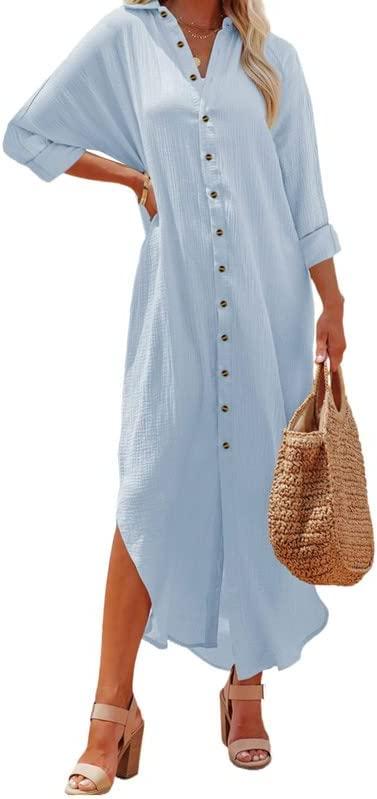 Medium Sky Blue Dokotoo Women Elegant Casual Summer Spring Button Down Front Long Sleeve Maxi Dress Long