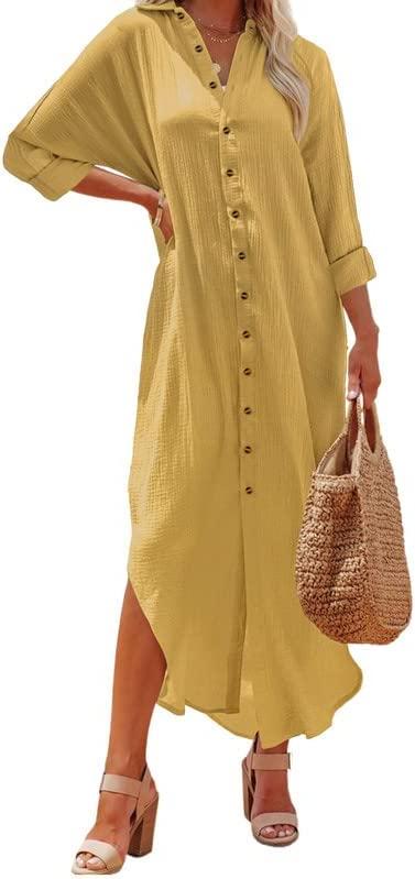 X-Large Yellow Dokotoo Women Elegant Casual Summer Spring Button Down Front Long Sleeve Maxi Dress Long C