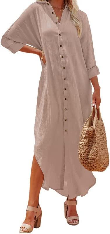 Small Apricot 2 Dokotoo Women Elegant Casual Summer Spring Button Down Front Long Sleeve Maxi Dress Long