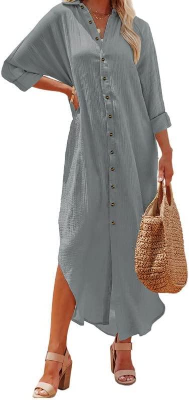 X-Large Gray Dokotoo Women Elegant Casual Summer Spring Button Down Front Long Sleeve Maxi Dress Long Car