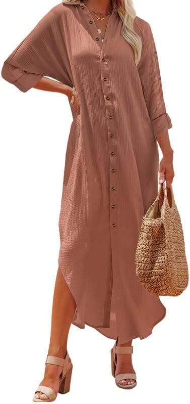 X-Large Pink 2 Dokotoo Women Elegant Casual Summer Spring Button Down Front Long Sleeve Maxi Dress Long C