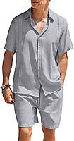 Small Light Grey COOFANDY Men 2 Piece Linen Set Beach Guayabera Outfit Button Down Shirt and Short