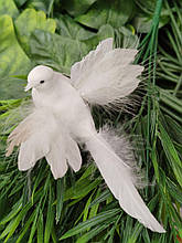 Пташечка біла з пір"ям та прищепкою, 14 см