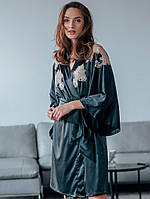 Короткий шелковый халат с кружевом Felena 218 Black Angel S/M