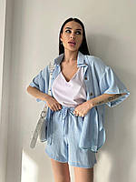 Женский прогулочный костюм двойка рубашка и шорты (черный, голубой, беж, сиреневый, малина,трава,желтый, мята) Голубой, 42/44