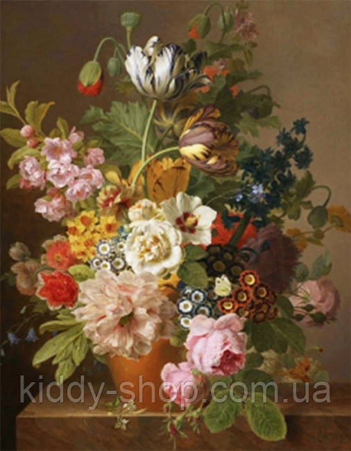 Алмазна вишивка. Картина на підрамнику "Натюрморт з квітами у вазі з фруктами на кам'яному столі, Jan Frans van Dael", розмір