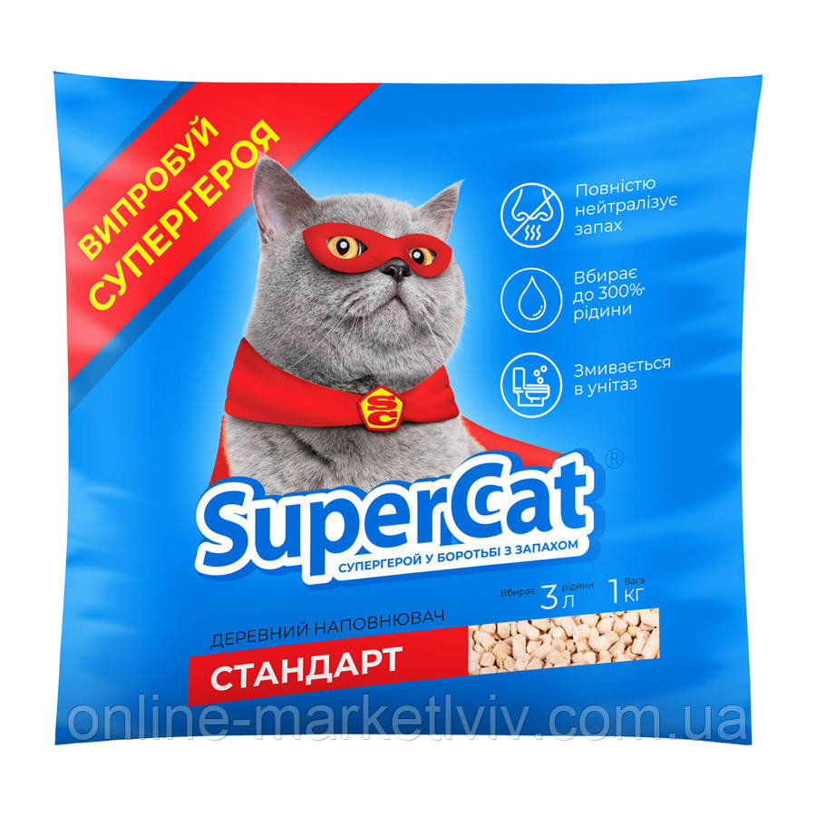 Древесный наполнитель (1кг) для кошачьего туалета, SuperCat Стандарт ...