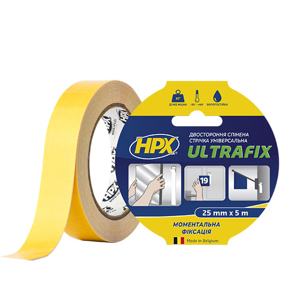 ULTRAFIX - 25мм x 5м - моментальна фіксація, двостороння клейка стрічка (скотч)