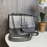 Женская мини сумочка клатч Pinko черная, маленькая сумка Пинко птички Серебристый "Gr"