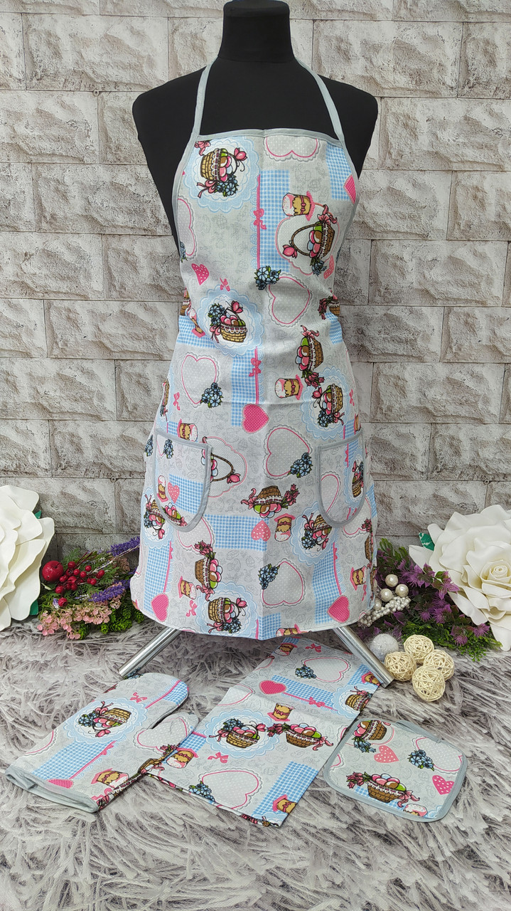 Набір кухонний 4в1 (фартух+рушник+прихватка+рукавиця) тканина льон Н-1000, фото 1