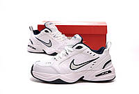 Мужские и женские кроссовки Nike Air Monarch White Blue (Белые с синим) Обувь Найк Монарх кожа демисезон