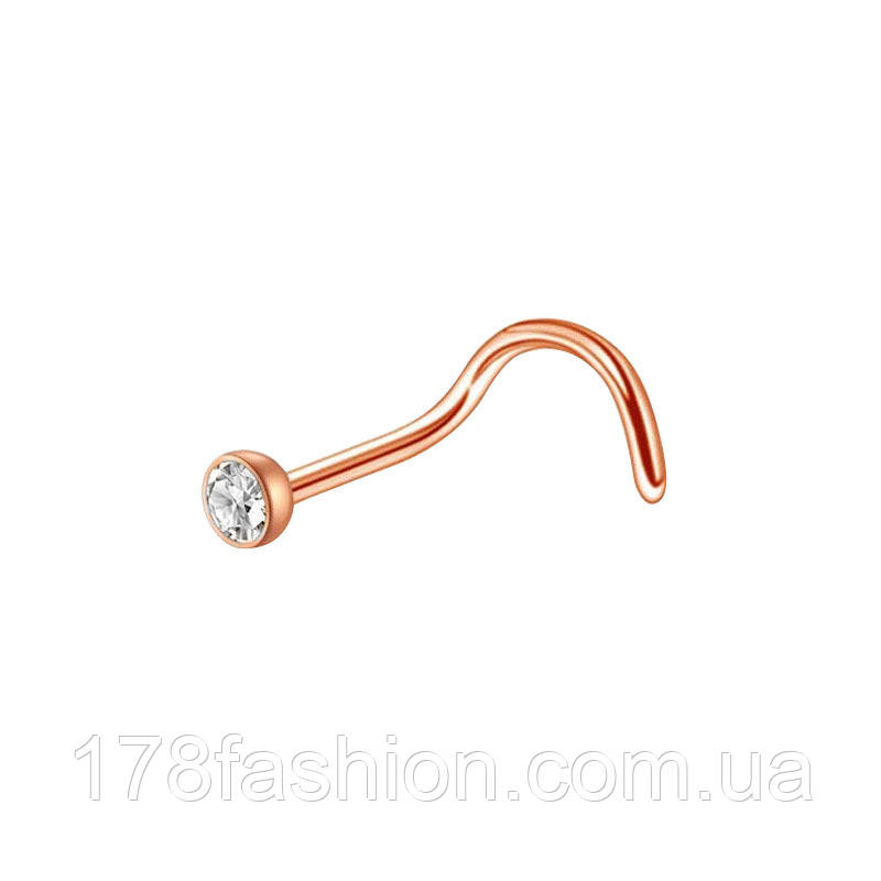 Сережка для пірсингу носа з прозорим камінчиком 2 мм. під рожеве золото, фото 1