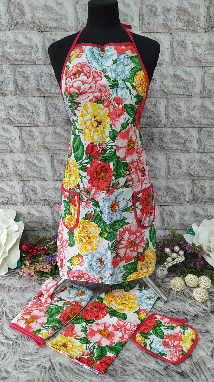 Набір кухонний 4в1 (фартух+рушник+прихватка+рукавиця) тканина льон Н-1000, фото 1