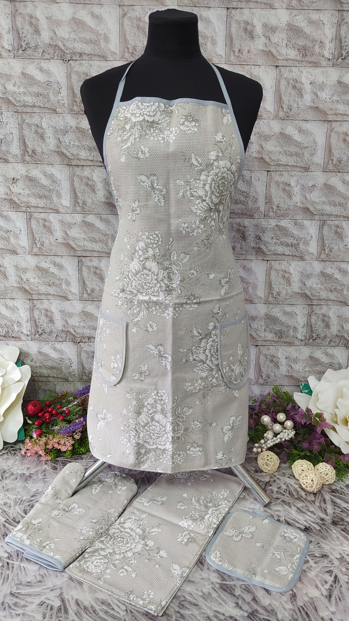 Набір кухонний 4в1 (фартух+рушник+прихватка+рукавиця) тканина льон Н-1000, фото 1