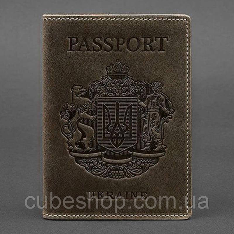 Шкіряна обкладинка для паспорта з гербом України (темно-коричнева)