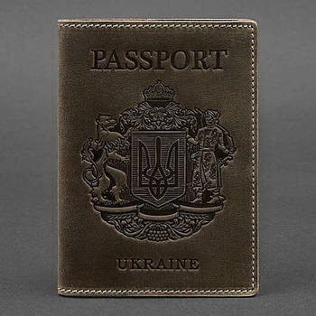 Шкіряна обкладинка для паспорта з гербом України (темно-коричнева)