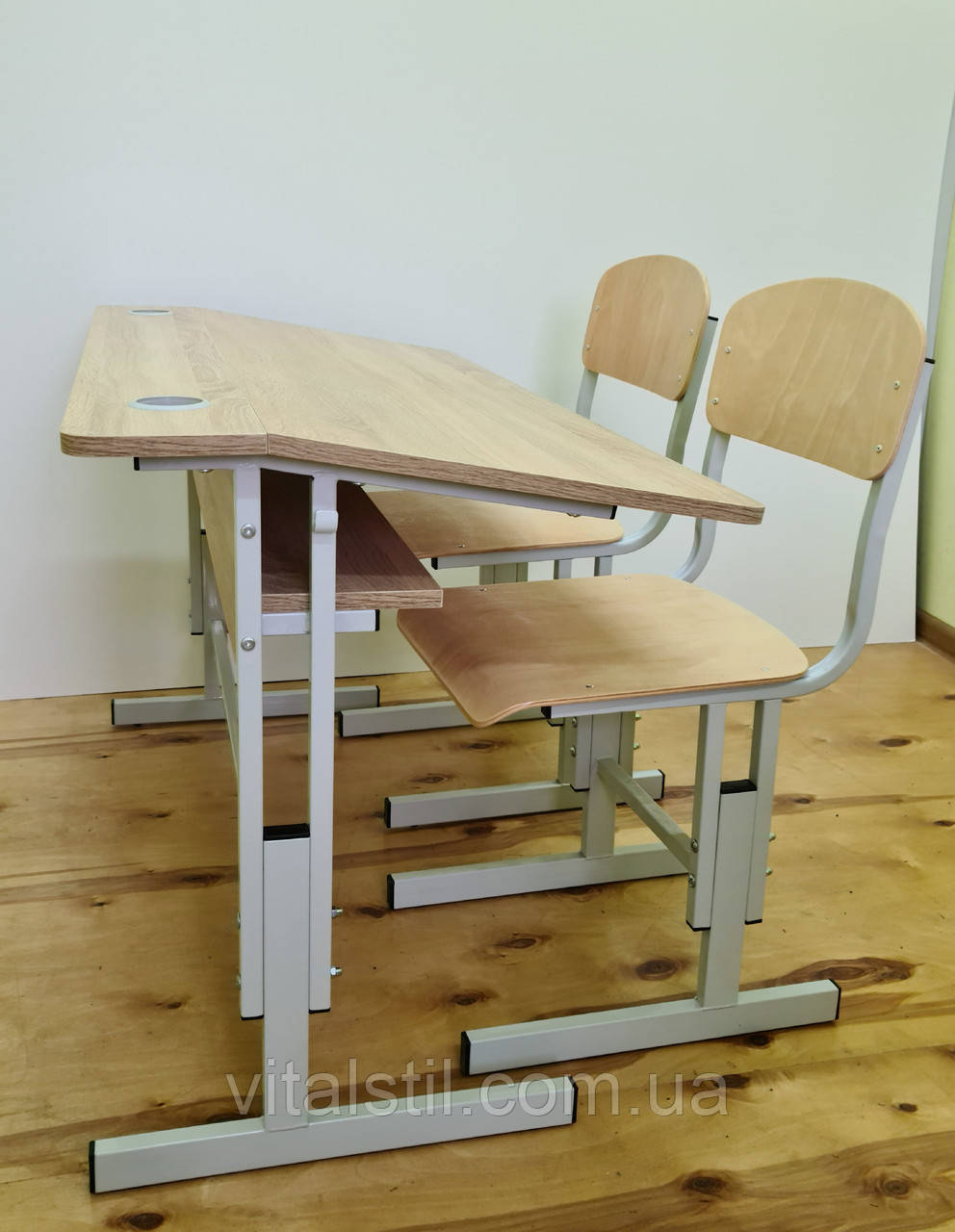 Комплект двомісної парти з ломаною стільницею і два стільці "Волошка", фото 1