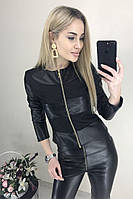 📌 Куртка жіноча з еко шкіри, коротка, на змійці, чорний колір | Шкіряна тонка курточка на весну Норма