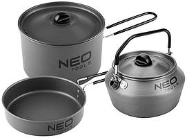 Набір посуду туристичного Neo Tools, 3в1, чайник, каструля, сковорода, складні ручки, сертифікат LFGB, 0.616кг (63-145)