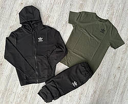 Чоловічий костюм демісезонний Адідас / спортивний комплект кофта чорна + футболка хакі + штани Adidas