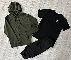 Чоловічий костюм демісезонний Адідас / спортивний комплект кофта хакі + футболка чорна + штани Adidas
