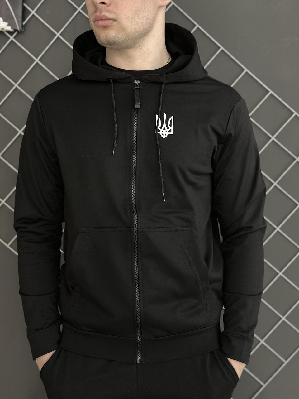 Чоловіча демісезонна кофта з гербом України / патріотичний чорний худі на змійці герб весна осінь, фото 1