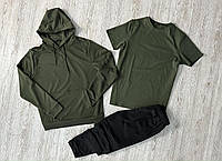 Мужской демисезонный костюм базовый / спортивный комплект худи хаки + футболка хаки + штаны однотонный