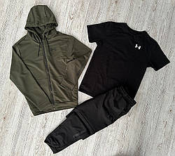 Чоловічий костюм демісезонний Андер Армор / спортивний комплект кофта хакі + футболка чорна + штани Ander Armour