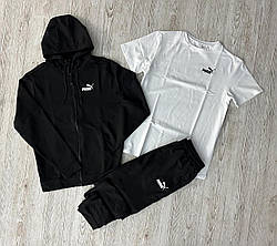 Чоловічий костюм демісезонний Пума / спортивний комплект кофта чорна + футболка біла + штани Puma