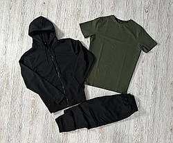Чоловічий костюм демісезонний базовий / спортивний комплект кофта чорна + футболка хакі + штани однотонний