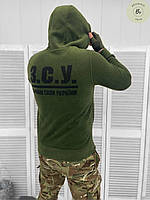 Флисовка с капюшоном ЗСУ хаки / Флисовая кофта с надписью ЗСУ на спине и знаком на груди (арт. 14030)