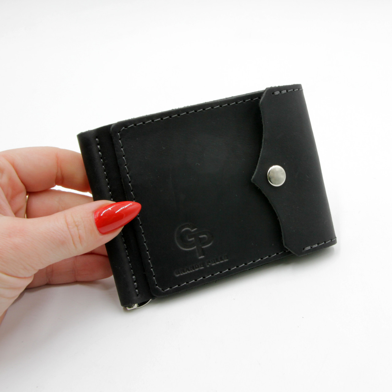 Чоловічий затискач для купюр Grande Pelle з монетницею, чорний гаманець на кнопці, шкіряне портмоне, матове
