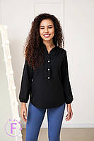 Женская Блуза рубашка офисная, на пуговицах, тонкая | Классическая Блузка, легкая, софт | Норма и батал Черный, 42/44