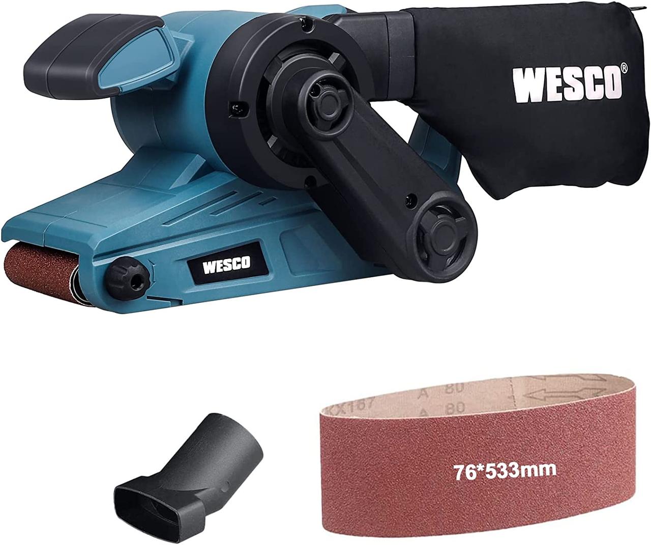 Wesco WS4366 Стрічкова шліфувальна машина, 920 Вт, з 6 швидкостями, регулювання швидкості, шліфувальна поверхня 76 x 135 мм, розмі
