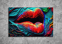 Картина красные губы на цветном фоне Картины абстрактные в современный интерьер Стиль модерн поп-арт 60x40