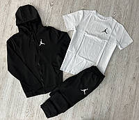 Комплект 3 в 1 Демісезонний спортивний костюм Jordan чорна кофта на змійці + чорні штани (двонитка) + Футболка