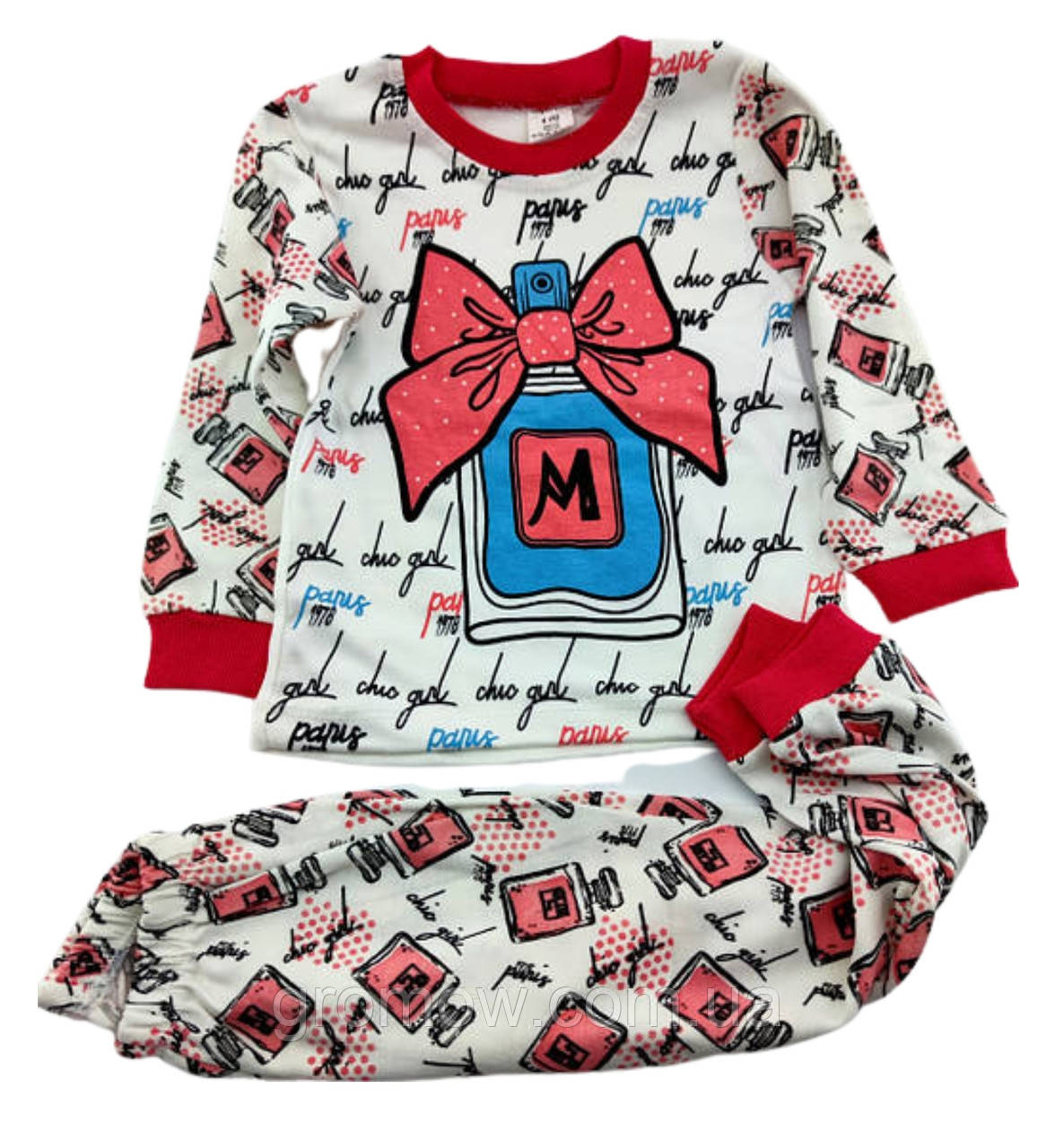 Піжама дитяча 3, 4 роки Туреччина бавовна з довгими рукавами та принтом біла (ПЖ17), фото 1