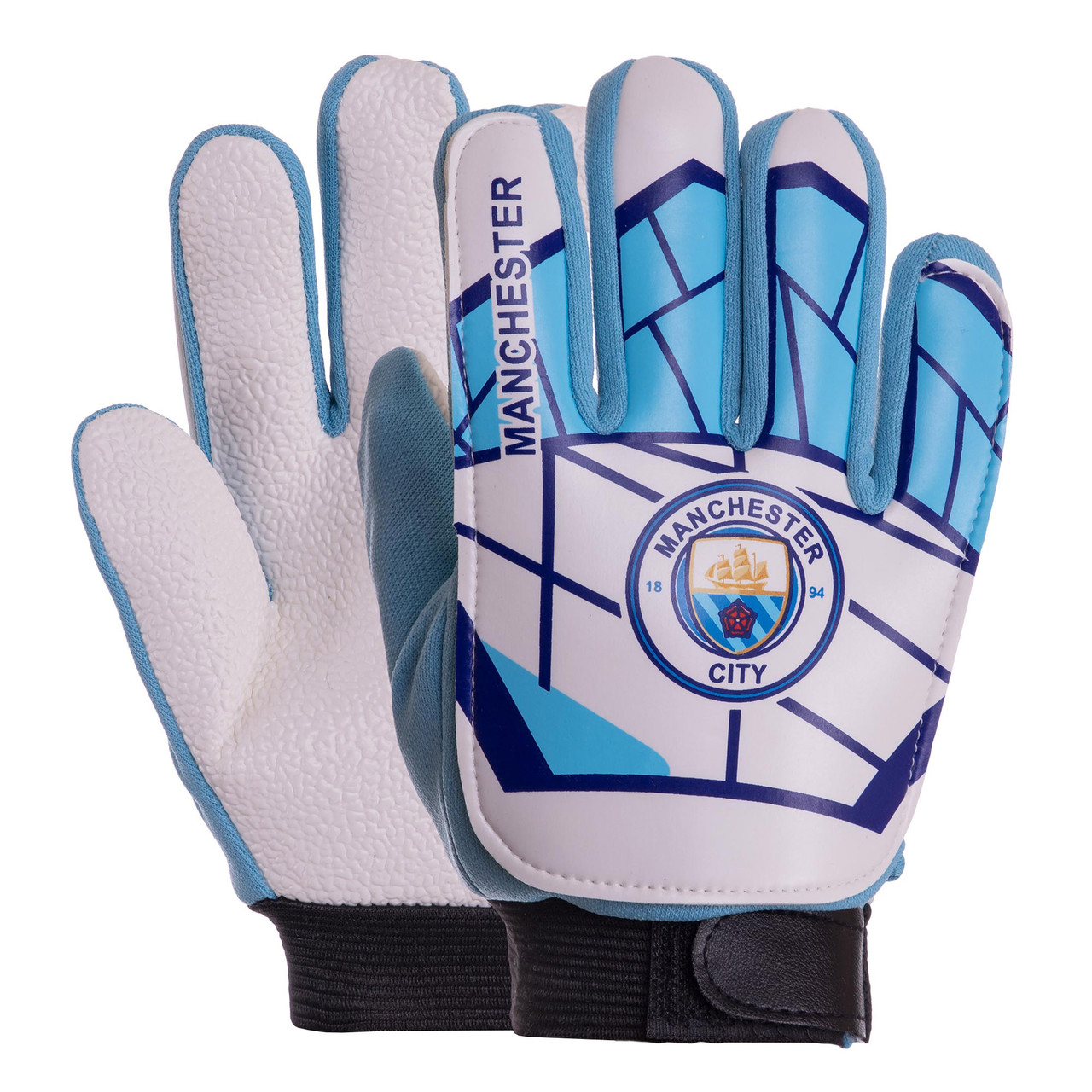 Воротарські рукавички дитячі Манчечтер Сіті (Manchester City) р-р 5,6,7,8, біло-блакитні, фото 1