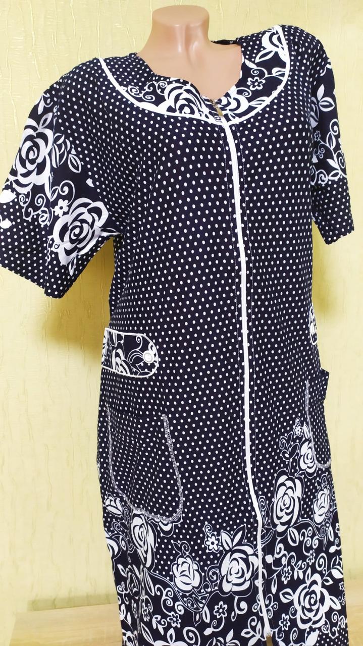 Жіночий літній чорний халат в горошок, 100 % бавовна. Сукня-халат на блискавці. Туреччина. Розмір 11XL(56-58)
