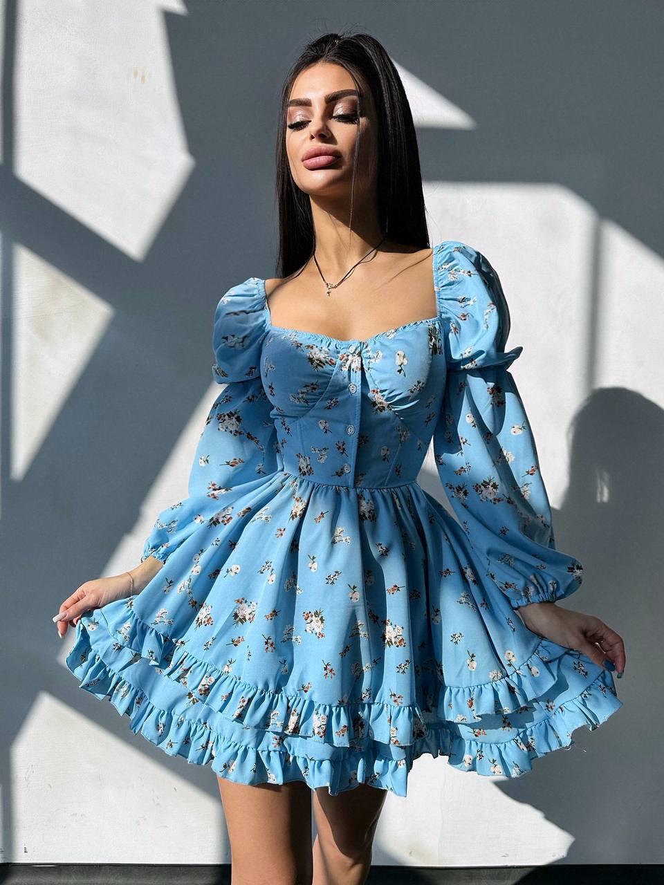 Коротке квіткове плаття з корсетним верхом і пишною спідницею (р. 42, 44) 66035154Е, фото 1