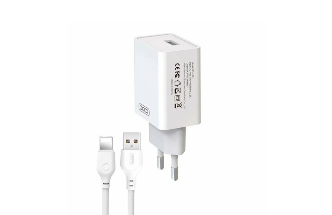 Блок живлення XO-L93 з кабелем lightning для Iphone / 5 вольт / 2.4 Ампера / 1 USB / Білий, фото 1