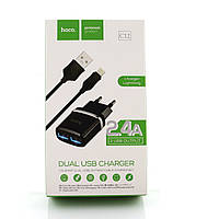 Зарядное устройство USB адаптер Hoco C12 2 USB порта 2.4A с кабелем айфон Черный