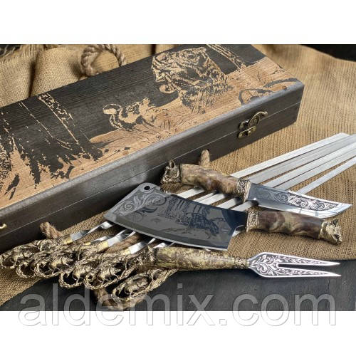 Шампура Кабан в розписному кейсі з бука. Шампура+ніж+вилка+сікач