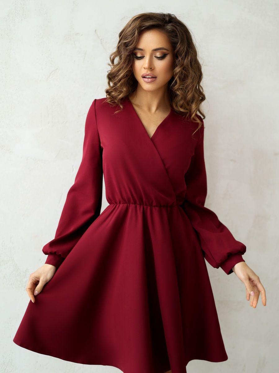 Миле вечірнє жіноче плаття з імітацією запаху, бордове, фото 1