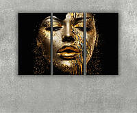 Картина девушка на черном фоне золотые губы яркий макияж с 3 частей 35x70x3