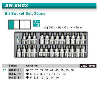 Набір головок зі вставкою Hex, Torx, Spline 1/2" Whirlpower AN-SK53, фото 3